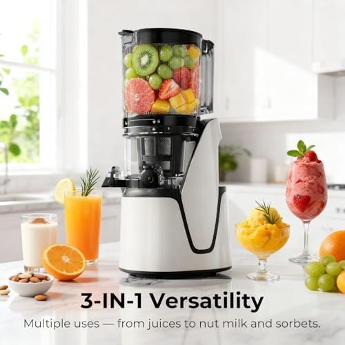 EanOruus Juicer Machines, 3-in-1 Cold Press Juicer, Bright White | Makes Juice, Nut Milk & Sorbet, 6.5" Extra Large Chute, 100oz Large Capacity, AC Motor|B0FZH8VQTG
