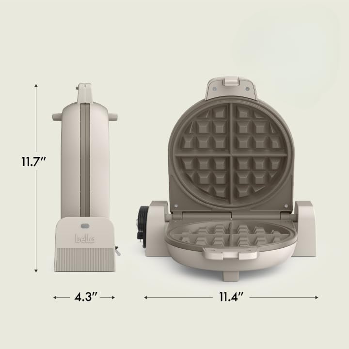 bella Flip-n-Store Waffle Maker with EverGood™ Ceramic Nonstick Coating, Fits-anywhere™ Kitchenware, Power Indicator Light, Cool Touch Handle & Cord Wrap, 7” Wide & 1" Deep Plates, 1000 Watt, Oatmilk|B0CYHZFMFX