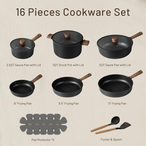 CAROTE 16pcs Pots and Pans Set, Nonstick Cookware Sets | Titanium Reinforced Coating, Scratch-Resistant, Easy to Clean, Even Heating, Induction Compatible, with Frying Pans Set|B0DGLVW188