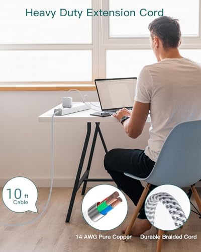 Extension Cord 10 ft - Long Power Strip Surge Protector, 6 AC Outlet 4 USB | (2 USB C), Flat Plug, Wall Mount, Multi Plug Outlet Extender Desk Charging Station for Home Office Dorm Room Essentials|B0CGWMQ89V