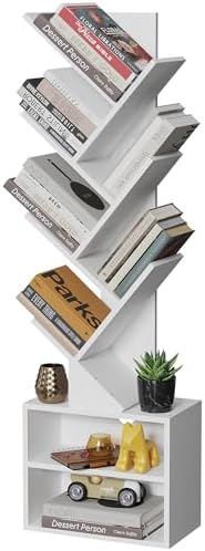 SUNMORY 6 Tier Tree Bookshelf, Tall Small Bookcase with Storage Cabinet | Modern Narrow Bookshelves Organizer, Floor Standing Book Case Shelf for Bedroom Living Room Home Office Corner, Rustic Brown|B0C88XTSMM