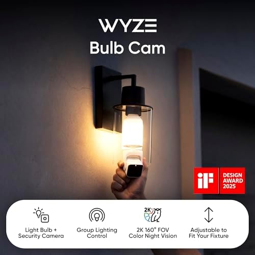 WYZE Bulb Cam - 2K HD Smart Light Bulb Security Camera with Color Night Vision, 800-Lumen Dimmable LED, 160° Wide View, Motion Detection & Siren, E26 Socket, Alexa/Google/IFTTT|B0DPKWGZ1D