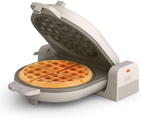 bella Flip-n-Store Waffle Maker with EverGood™ Ceramic Nonstick Coating, Fits-anywhere™ Kitchenware, Power Indicator Light, Cool Touch Handle & Cord Wrap, 7” Wide & 1" Deep Plates, 1000 Watt, Oatmilk|B0CYHZFMFX