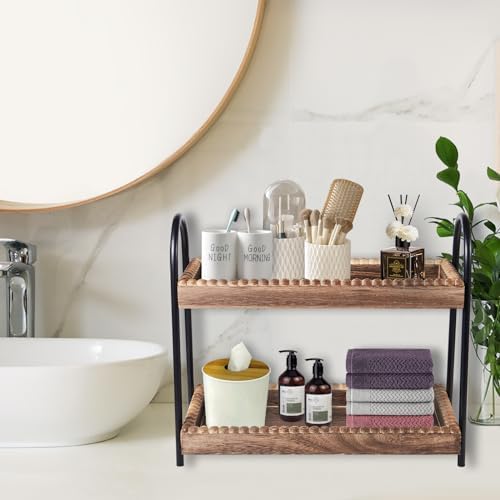 BDBDYEAY Bathroom Countertop Organizer, 2 Tier Vanity Organizer and Storage for Cosmetic Skincare Perfume, Wood Bead Storage Shelf for Bathroom Kitchen Coffee Station|B0CJPT1242
