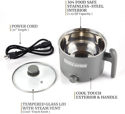 Elite Gourmet Noodle Express Electric Hot Pot, Stainless Steel, Grey | Prepares ramen, rice, soups & stews, boils water fast - glass lid - High/Low/Off settings|B0FDJTMMBR