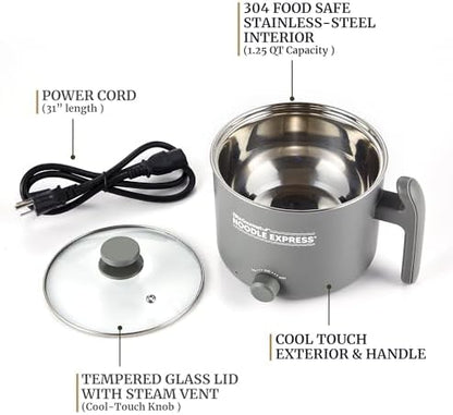 Elite Gourmet Noodle Express Electric Hot Pot, Stainless Steel, Grey | Prepares ramen, rice, soups & stews, boils water fast - glass lid - High/Low/Off settings|B0FDJTMMBR