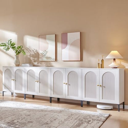 IFGET 92.63" W Modern Arched Sideboard Buffet Cabinet with Storage, Natural | Fluted Arch Sideboard Cabinet w/Adjustable Shelves, Wooden Modular Kitchen Cabinet for Dining& Living Room, Entryway|B0FXRGJ4S9