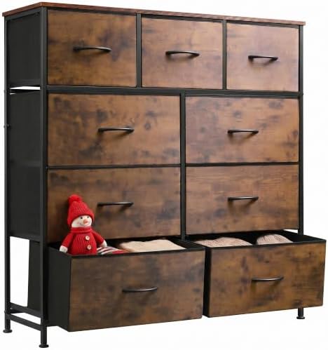 WLIVE Tall Dresser for Bedroom, 9 Drawer Chest of Drawers, Rustic Brown | 9 roomy fabric drawers, Tall storage design, Bedroom or closet use, Sturdy steel frame, Smooth wood tabletop|B095PF22B8