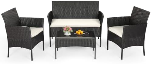 FDW 4-Piece Patio Furniture Set | Black | Outdoor Wicker Furniture | with Coffee Table | Modern Rattan Chairs Conversation Set | Outdoor Seating | Weather-Resistant | for Porch, Garden, Lawn|B07NZNZXMV