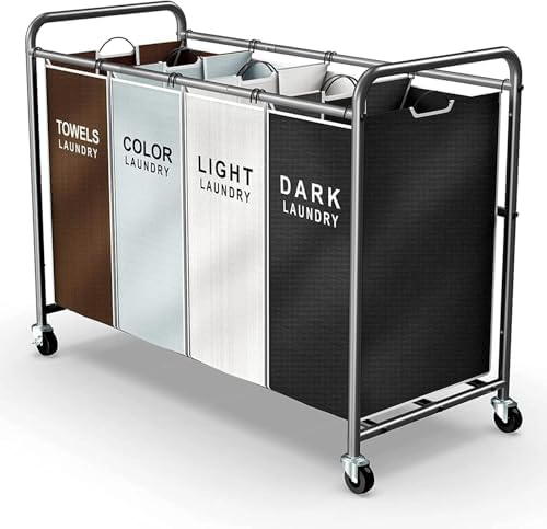 ROMOON Laundry Hamper Sorter Cart, 4-Section Organizer with Lockable Wheels | Heavy-Duty 180L Rolling Laundry Basket with Removable Bags for Dirty Clothes in Laundry Room or Small Spaces, Multicolor|B0BRTRJGTD