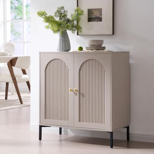 IFGET 92.63" W Modern Arched Sideboard Buffet Cabinet with Storage, Natural | Fluted Arch Sideboard Cabinet w/Adjustable Shelves, Wooden Modular Kitchen Cabinet for Dining& Living Room, Entryway|B0FXRGJ4S9