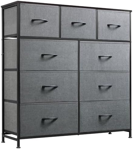WLIVE Tall Dresser for Bedroom, 9 Drawer Chest of Drawers, Rustic Brown | 9 roomy fabric drawers, Tall storage design, Bedroom or closet use, Sturdy steel frame, Smooth wood tabletop|B095PF22B8