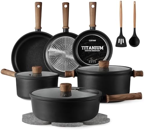 CAROTE 16pcs Pots and Pans Set, Nonstick Cookware Sets | Titanium Reinforced Coating, Scratch-Resistant, Easy to Clean, Even Heating, Induction Compatible, with Frying Pans Set|B0DGLVW188