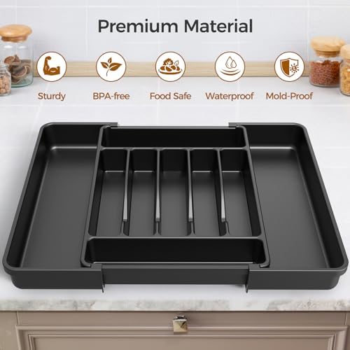 ukeetap Extra Large Expandable Silverware Organizer, BPA-Free Food-Safe Cutlery Flatware Organizer, Kitchen Utensil Drawer Organizer, Adjustable Silverware Holder for Spoons Forks Knives, Black|B0F2TB2MMP