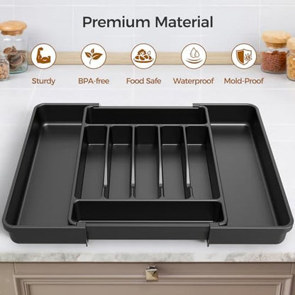 ukeetap Extra Large Expandable Silverware Organizer, BPA-Free Food-Safe Cutlery Flatware Organizer, Kitchen Utensil Drawer Organizer, Adjustable Silverware Holder for Spoons Forks Knives, Black|B0F2TB2MMP