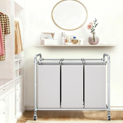 STORAGE MANIAC 3 Section Laundry Sorter, 35.6 Gal (135 L) Laundry Hamper Cart with Heavy Duty Rolling Lockable Wheels and Removable Bags, Clothes Organizer Basket Separator Hamper, Gray|B07X4F6R3T
