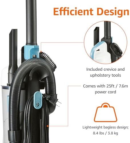 Amazon Basics Upright Bagless Vacuum Cleaner for Carpet and Hard Floors, Washable Filter, Crevice and Upholstery Tools, Detachable Handle, Lightweight, 1.7L Dust Cup, 25ft Cord, Black/White|B0BN5F6MJY