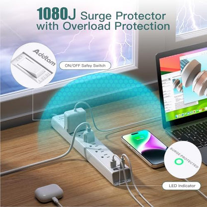 Extension Cord 10 ft - Long Power Strip Surge Protector, 6 AC Outlet 4 USB | (2 USB C), Flat Plug, Wall Mount, Multi Plug Outlet Extender Desk Charging Station for Home Office Dorm Room Essentials|B0CGWMQ89V