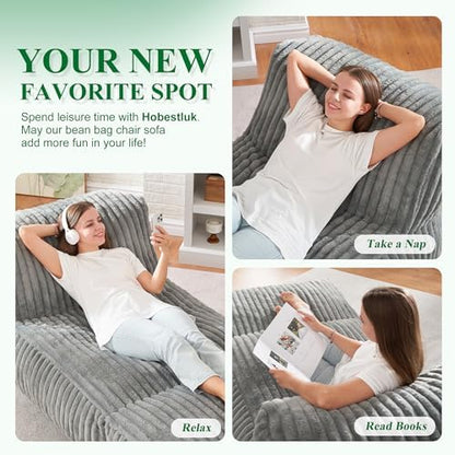 Hobestluk Large Bean Bag Chairs Sofa for Adults Giant BeanBag Couch Lounger | Ergonomic Design,Memory Foam,Washable Cover,Oversized Comfy Chaise Lounger Boneless Couch Living Room | Stripe Grey Large|B0DFB81517