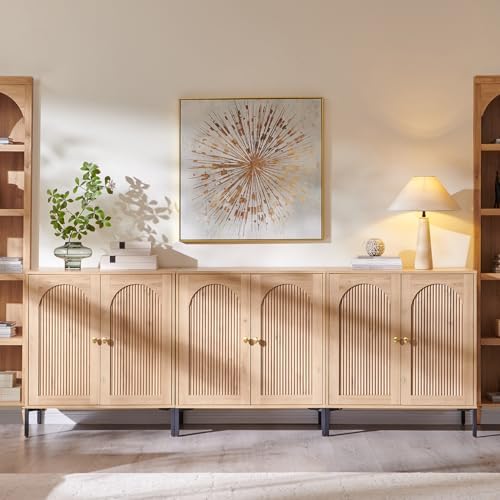 IFGET 92.63" W Modern Arched Sideboard Buffet Cabinet with Storage, Natural | Fluted Arch Sideboard Cabinet w/Adjustable Shelves, Wooden Modular Kitchen Cabinet for Dining& Living Room, Entryway|B0FXRGJ4S9