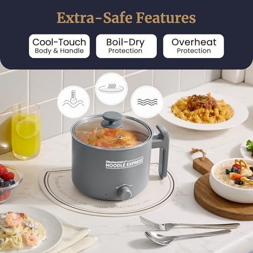 Elite Gourmet Noodle Express Electric Hot Pot, Stainless Steel, Grey | Prepares ramen, rice, soups & stews, boils water fast - glass lid - High/Low/Off settings|B0FDJTMMBR