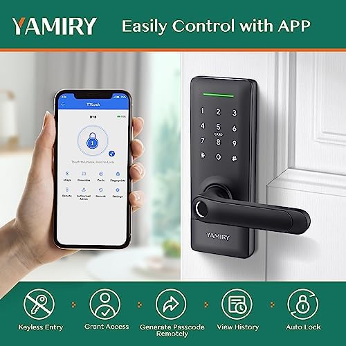 Yamiry Smart Door Lock, Biometric Fingerprint, Keyless Entry, App Control, 6 Ways to Unlock, DIY Installation, Black | Fingerprint Unlock, Easy DIY Install, Auto-Lock, App Control, Remote & Voice Control|B09KRC198X