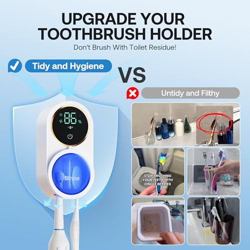 Bitvae Upgraded Tooth Brush Holder for Bathroom 2.0 Infrared Sensing | Toothbrush Cleaner, Wall-Mounted for Most Size Toothbrushes, Air Drying, LED Smart Screen, White Gold Trim|B0F3JGLLB8