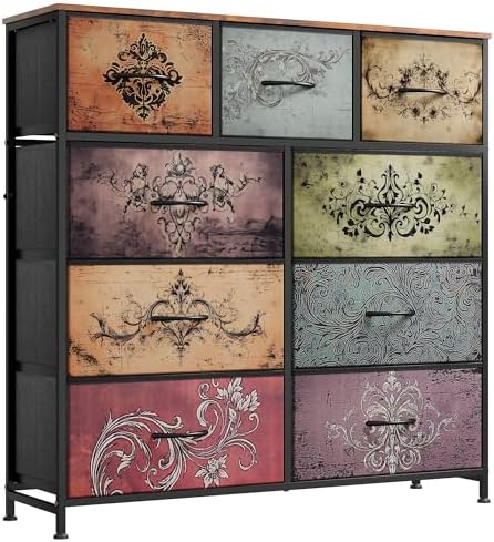WLIVE Tall Dresser for Bedroom, 9 Drawer Chest of Drawers, Rustic Brown | 9 roomy fabric drawers, Tall storage design, Bedroom or closet use, Sturdy steel frame, Smooth wood tabletop|B095PF22B8