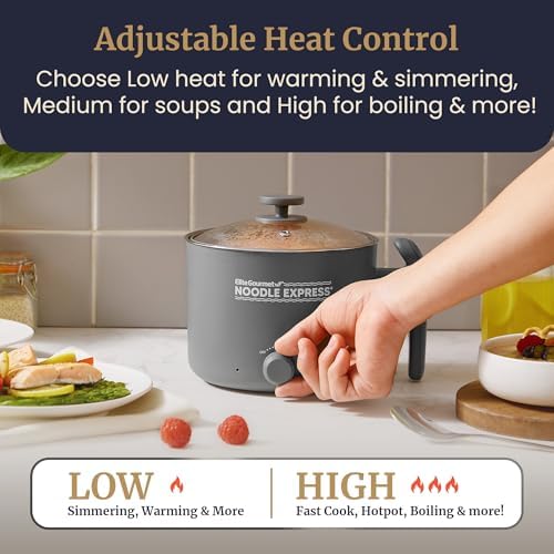 Elite Gourmet Noodle Express Electric Hot Pot, Stainless Steel, Grey | Prepares ramen, rice, soups & stews, boils water fast - glass lid - High/Low/Off settings|B0FDJTMMBR