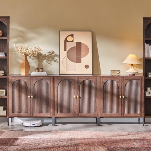 IFGET 92.63" W Modern Arched Sideboard Buffet Cabinet with Storage, Natural | Fluted Arch Sideboard Cabinet w/Adjustable Shelves, Wooden Modular Kitchen Cabinet for Dining& Living Room, Entryway|B0FXRGJ4S9