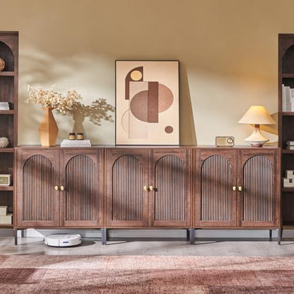 IFGET 92.63" W Modern Arched Sideboard Buffet Cabinet with Storage, Natural | Fluted Arch Sideboard Cabinet w/Adjustable Shelves, Wooden Modular Kitchen Cabinet for Dining& Living Room, Entryway|B0FXRGJ4S9