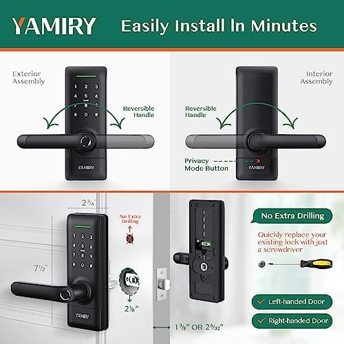 Yamiry Smart Door Lock, Biometric Fingerprint, Keyless Entry, App Control, 6 Ways to Unlock, DIY Installation, Black | Fingerprint Unlock, Easy DIY Install, Auto-Lock, App Control, Remote & Voice Control|B09KRC198X
