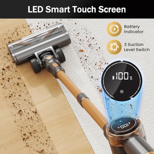 Cordless Vacuum Cleaner, 10-in-1 Lightweight Stick Vacuum with 45mins Runtime, Powerful Suction, LED Touch Screen, Rechargeable Vacuum Cleaners for Home Hardwood Floor Carpet Pet Hair (Gold)|B0F94K5L8D