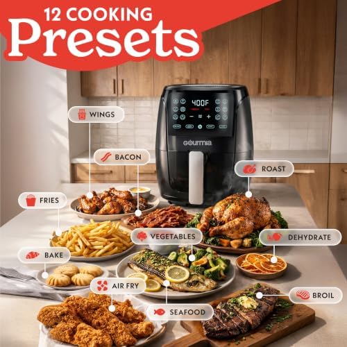 Gourmia Air Fryer - 4 Qt Capacity, FryForce360º, Digital Display with 8 Presets, Roast, Bake, Broil, Dehydrate, Dishwasher Safe Accessories, Compact, Black|B0CH3XC7NP