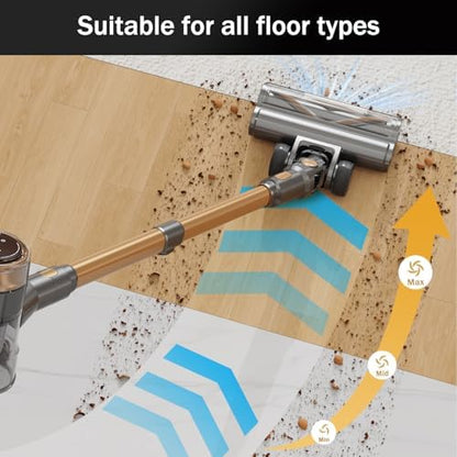 Cordless Vacuum Cleaner, 10-in-1 Lightweight Stick Vacuum with 45mins Runtime, Powerful Suction, LED Touch Screen, Rechargeable Vacuum Cleaners for Home Hardwood Floor Carpet Pet Hair (Gold)|B0F94K5L8D
