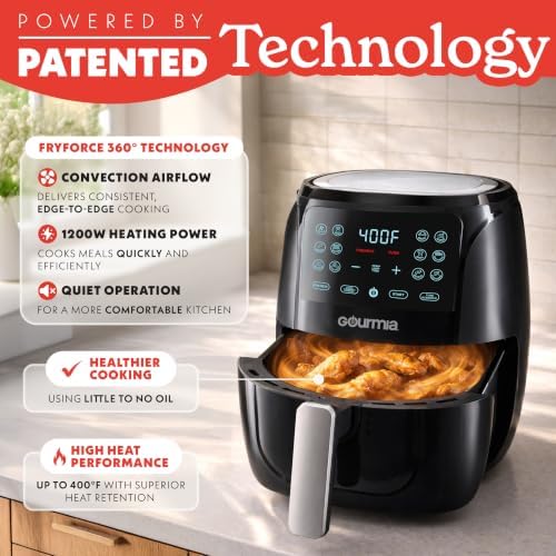 Gourmia Air Fryer - 4 Qt Capacity, FryForce360º, Digital Display with 8 Presets, Roast, Bake, Broil, Dehydrate, Dishwasher Safe Accessories, Compact, Black|B0CH3XC7NP