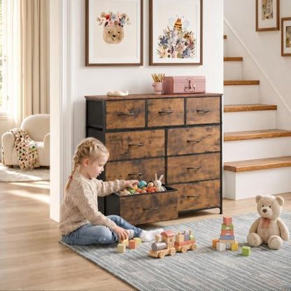 WLIVE Tall Dresser for Bedroom, 9 Drawer Chest of Drawers, Rustic Brown | 9 roomy fabric drawers, Tall storage design, Bedroom or closet use, Sturdy steel frame, Smooth wood tabletop|B095PF22B8