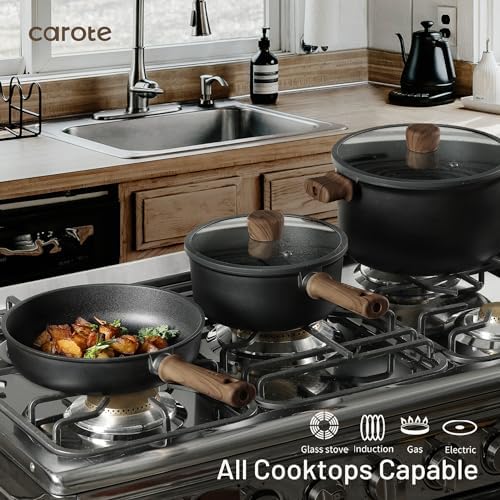 CAROTE 16pcs Pots and Pans Set, Nonstick Cookware Sets | Titanium Reinforced Coating, Scratch-Resistant, Easy to Clean, Even Heating, Induction Compatible, with Frying Pans Set|B0DGLVW188