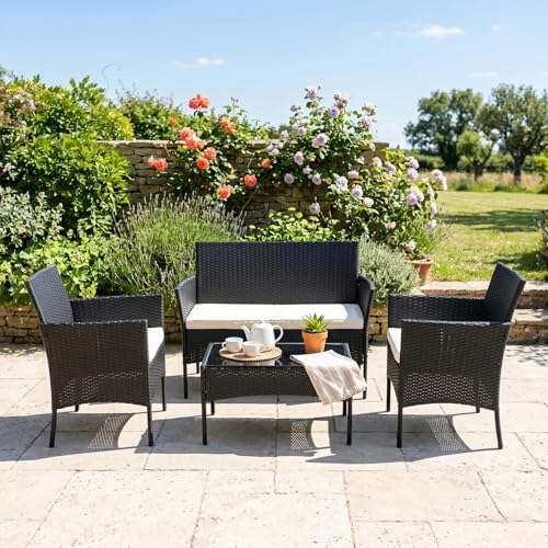 FDW 4-Piece Patio Furniture Set | Black | Outdoor Wicker Furniture | with Coffee Table | Modern Rattan Chairs Conversation Set | Outdoor Seating | Weather-Resistant | for Porch, Garden, Lawn|B07NZNZXMV