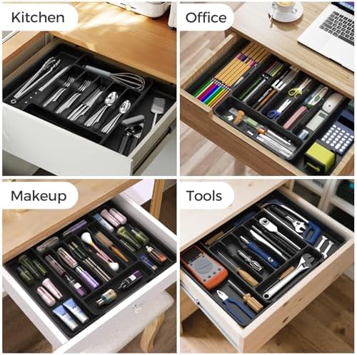 ukeetap Extra Large Expandable Silverware Organizer, BPA-Free Food-Safe Cutlery Flatware Organizer, Kitchen Utensil Drawer Organizer, Adjustable Silverware Holder for Spoons Forks Knives, Black|B0F2TB2MMP