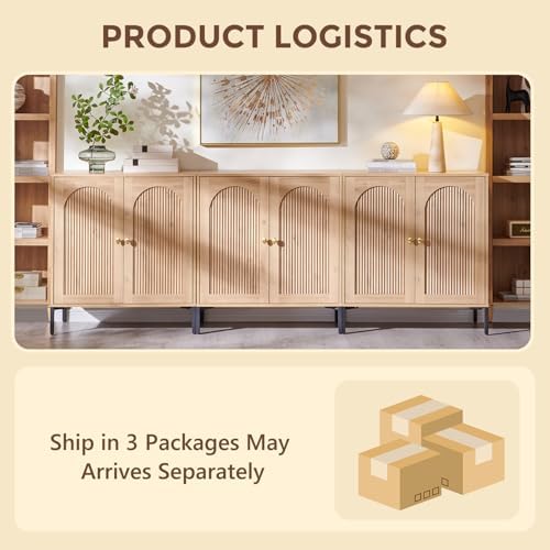 IFGET 92.63" W Modern Arched Sideboard Buffet Cabinet with Storage, Natural | Fluted Arch Sideboard Cabinet w/Adjustable Shelves, Wooden Modular Kitchen Cabinet for Dining& Living Room, Entryway|B0FXRGJ4S9