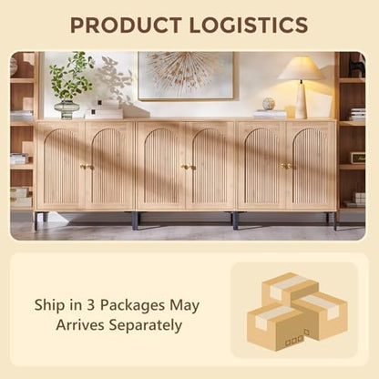 IFGET 92.63" W Modern Arched Sideboard Buffet Cabinet with Storage, Natural | Fluted Arch Sideboard Cabinet w/Adjustable Shelves, Wooden Modular Kitchen Cabinet for Dining& Living Room, Entryway|B0FXRGJ4S9