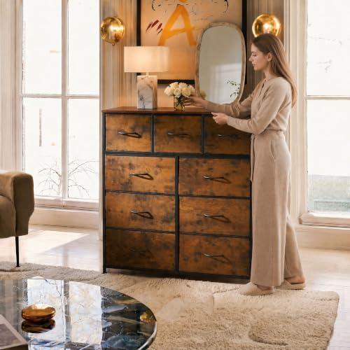 WLIVE Tall Dresser for Bedroom, 9 Drawer Chest of Drawers, Rustic Brown | 9 roomy fabric drawers, Tall storage design, Bedroom or closet use, Sturdy steel frame, Smooth wood tabletop|B095PF22B8