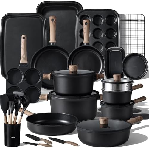 CAROTE 16pcs Pots and Pans Set, Nonstick Cookware Sets | Titanium Reinforced Coating, Scratch-Resistant, Easy to Clean, Even Heating, Induction Compatible, with Frying Pans Set|B0DGLVW188