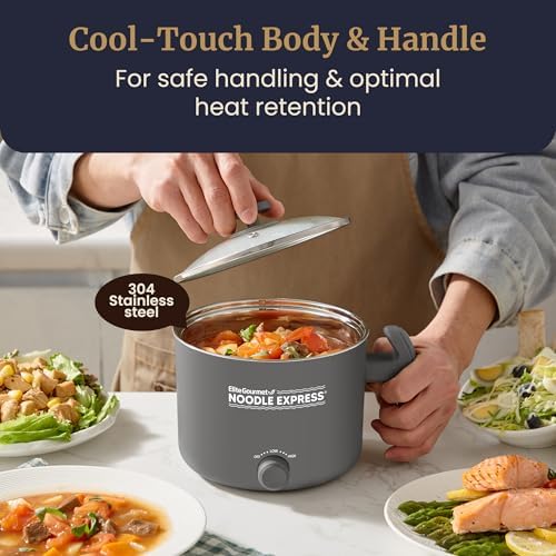 Elite Gourmet Noodle Express Electric Hot Pot, Stainless Steel, Grey | Prepares ramen, rice, soups & stews, boils water fast - glass lid - High/Low/Off settings|B0FDJTMMBR