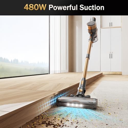 Cordless Vacuum Cleaner, 10-in-1 Lightweight Stick Vacuum with 45mins Runtime, Powerful Suction, LED Touch Screen, Rechargeable Vacuum Cleaners for Home Hardwood Floor Carpet Pet Hair (Gold)|B0F94K5L8D