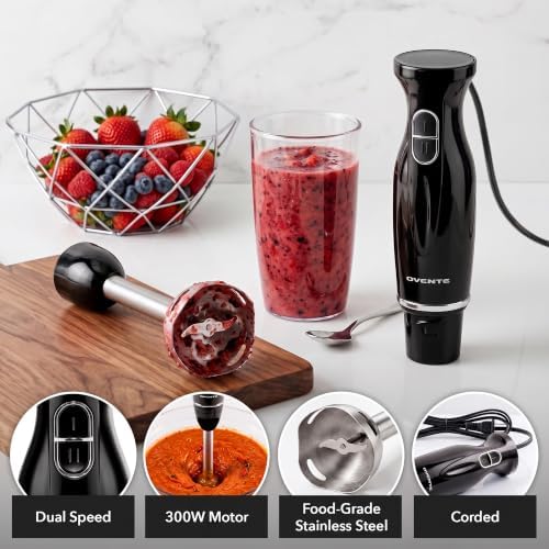 OVENTE Electric Corded Hand Blender, 300W with 2 Mixing Speeds Black HS560B | Handheld Immersion Stick Mixer with Stainless Steel Blades for Smoothies, Purees & Baby Food|B076MJSRRC