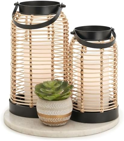 Natural Rattan Boho Lanterns - Handcrafted Chic Decor to Enhance Your Home - Modern Farmhouse Beauty Perfect for Any Living Room, Patio & Porch, Indoor and Outdoor Coffee Table or Kitchen Dining Table|B0D8KWXKYH