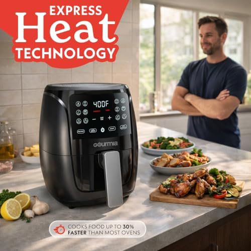 Gourmia Air Fryer - 4 Qt Capacity, FryForce360º, Digital Display with 8 Presets, Roast, Bake, Broil, Dehydrate, Dishwasher Safe Accessories, Compact, Black|B0CH3XC7NP
