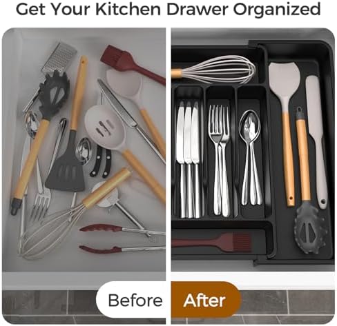ukeetap Extra Large Expandable Silverware Organizer, BPA-Free Food-Safe Cutlery Flatware Organizer, Kitchen Utensil Drawer Organizer, Adjustable Silverware Holder for Spoons Forks Knives, Black|B0F2TB2MMP